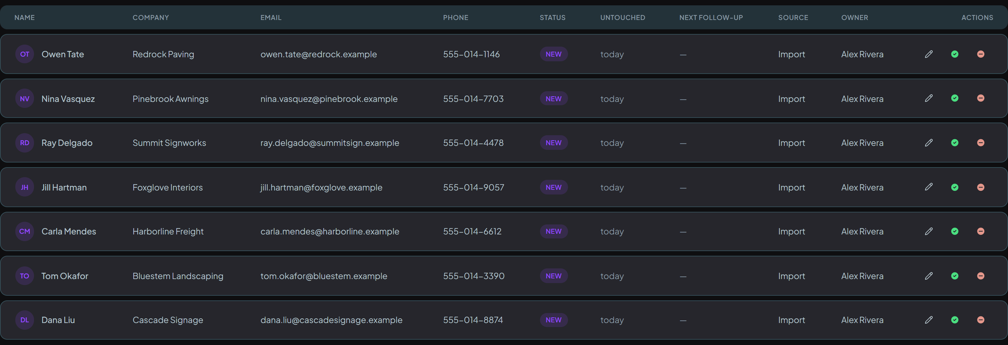 Lead intake: a web form and a CSV import landing as leads in RAZIO