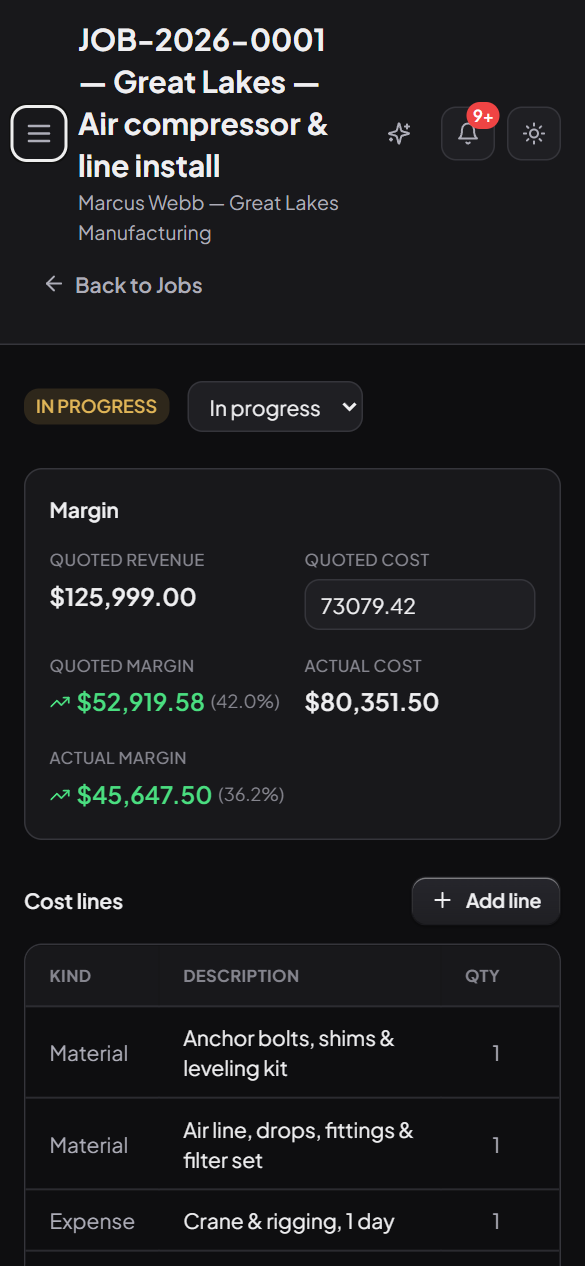A Razio Ops job open on a phone: status, quoted and actual margin, and the job's cost lines.