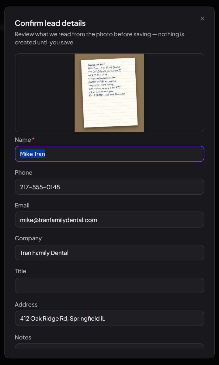 The Snap a Lead confirm dialog: a photo of a handwritten service note above the fields Razio read from it, including name, phone, email, company and address.