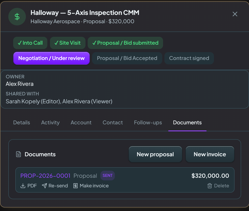A generated proposal PDF on the opportunity timeline