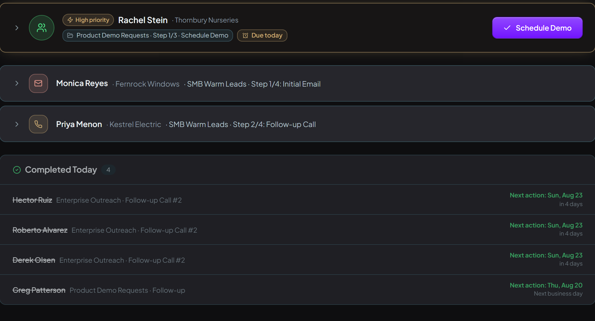 A rep's Today list: three leads due, each showing its sequence step, with the four already completed underneath.